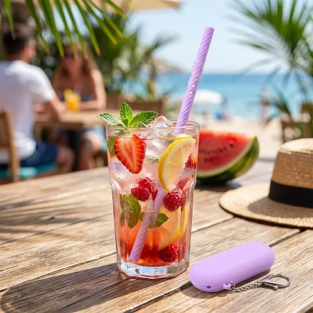 Alt view image 5 of 7 - 2 Set Travel Straws Portable Silicone Straws with Case,Reusable Straw with 2 Cleaning Brushes Foldable Straw + Deep Cleaning Brush + Carry Case with Keychain for Travel Party Cold or Hot