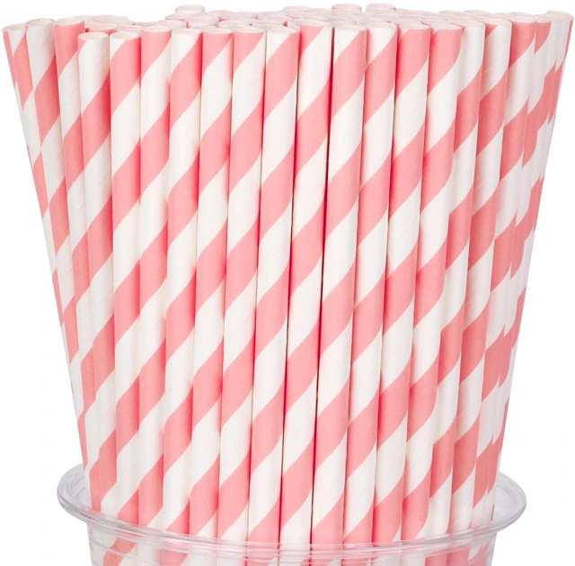 Main image of 100 Packs Pink Biodegradable Striped Paper Straws, Disposable Drinking Straws for Birthday Carnival Summer Pool Party Wedding Baby Shower Halloween Christmas Party Decoration Supplies