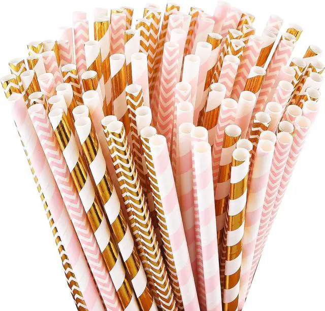 Main image of Gold Pink Paper Straws, 100 Pack Striped Party Straws