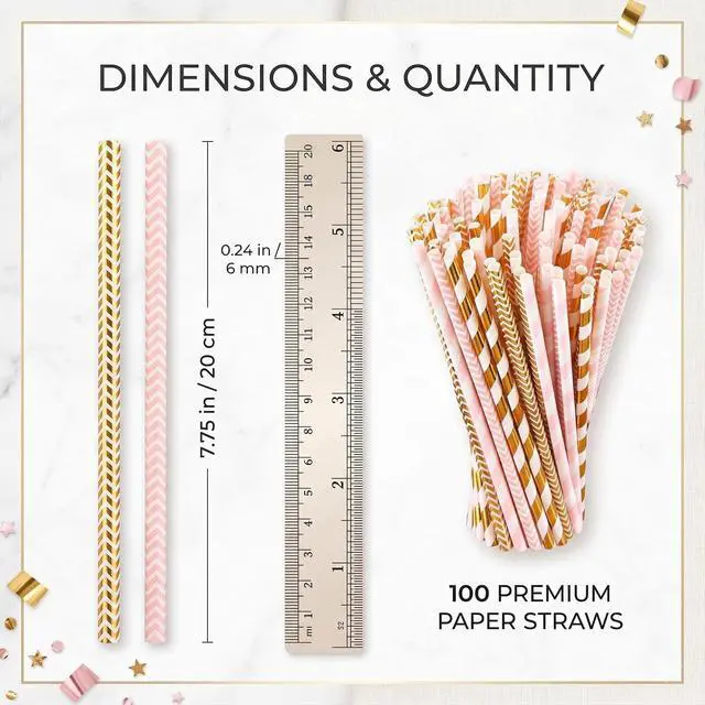 Alt view image 2 of 7 - Gold Pink Paper Straws, 100 Pack Striped Party Straws