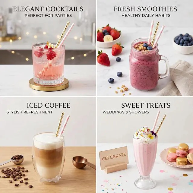 Alt view image 6 of 7 - Gold Pink Paper Straws, 100 Pack Striped Party Straws