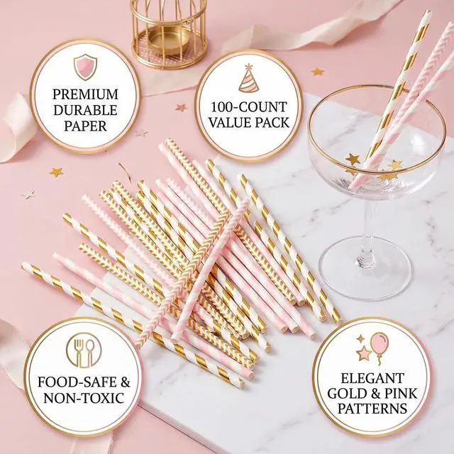 Alt view image 4 of 7 - Gold Pink Paper Straws, 100 Pack Striped Party Straws