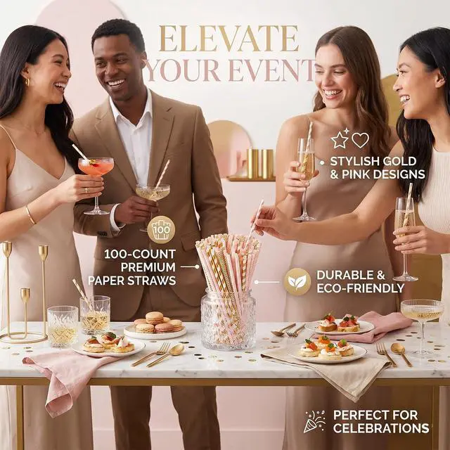 Alt view image 7 of 7 - Gold Pink Paper Straws, 100 Pack Striped Party Straws