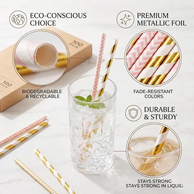 Alt view image 3 of 7 - Gold Pink Paper Straws, 100 Pack Striped Party Straws