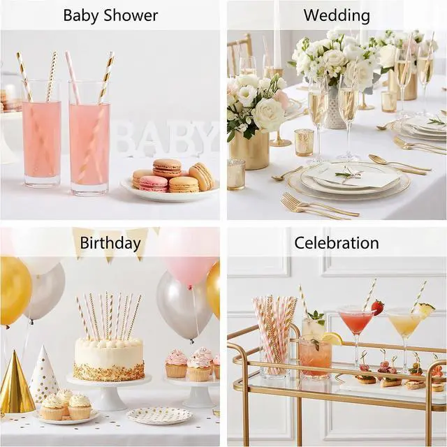 Alt view image 5 of 7 - Gold Pink Paper Straws, 100 Pack Striped Party Straws