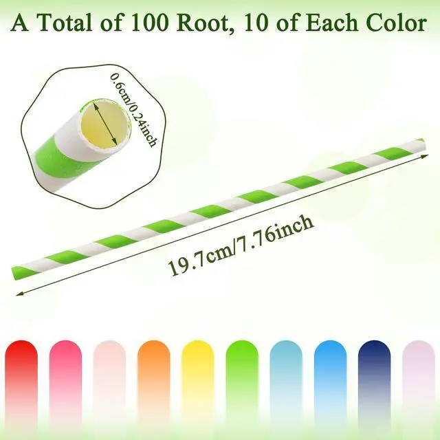 Alt view image 2 of 6 - 100 Pcs Biodegradable Paper Straws, Assorted Rainbow Colors Striped, 10 Colors for Drinks, Parties, Crafts