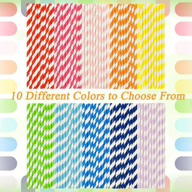 Alt view image 3 of 6 - 100 Pcs Biodegradable Paper Straws, Assorted Rainbow Colors Striped, 10 Colors for Drinks, Parties, Crafts