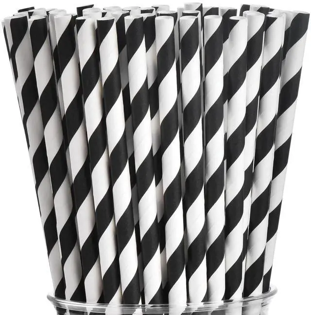 Main image of Black Paper Straws - 100 pcs Biodegradable Black and White Striped Drinking Straws for Party Decorations, Weddings, Birthdays, Baby Showers, Events and Crafts, Compostable Straws, 7.75" x 0.24"