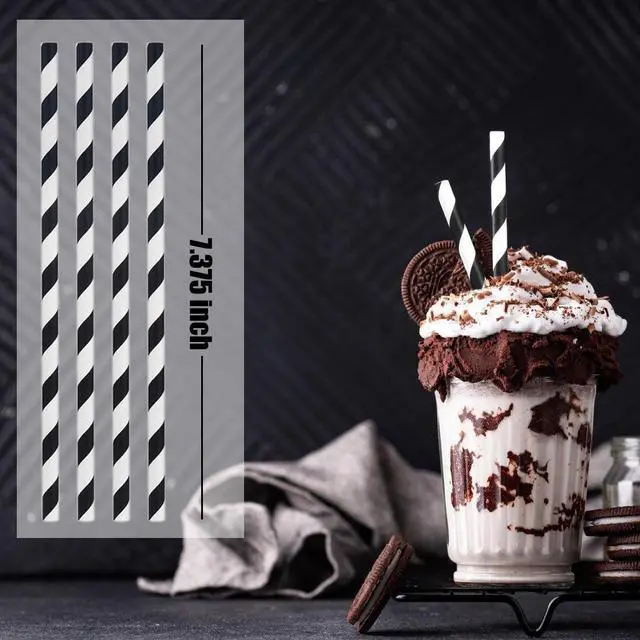 Alt view image 2 of 7 - Black Paper Straws - 100 pcs Biodegradable Black and White Striped Drinking Straws for Party Decorations, Weddings, Birthdays, Baby Showers, Events and Crafts, Compostable Straws, 7.75" x 0.24"