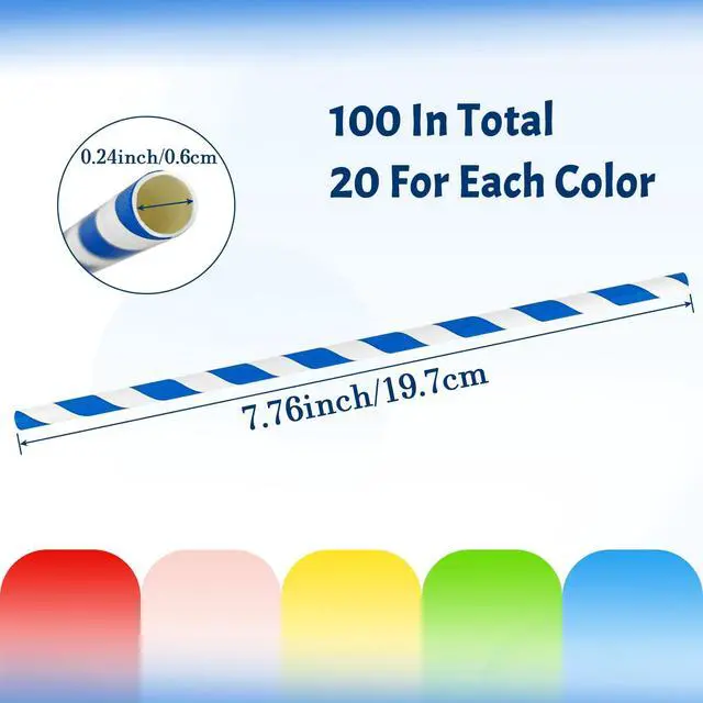 Alt view image 2 of 7 - 100PCS Biodegradable Paper Straws Bulk, Assorted Rainbow Colors Striped Drinking Straws for Juice, shakes, Cocktail, Coffee,Soda, Milkshakes, Smoothies,Celebration Parties and Arts Crafts Projects