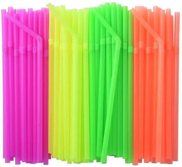 Main image of 200-Pack Neon Colored Plastic Flexible Straws, 0.23" x 7.75" disposable Bendy Drinking Straws