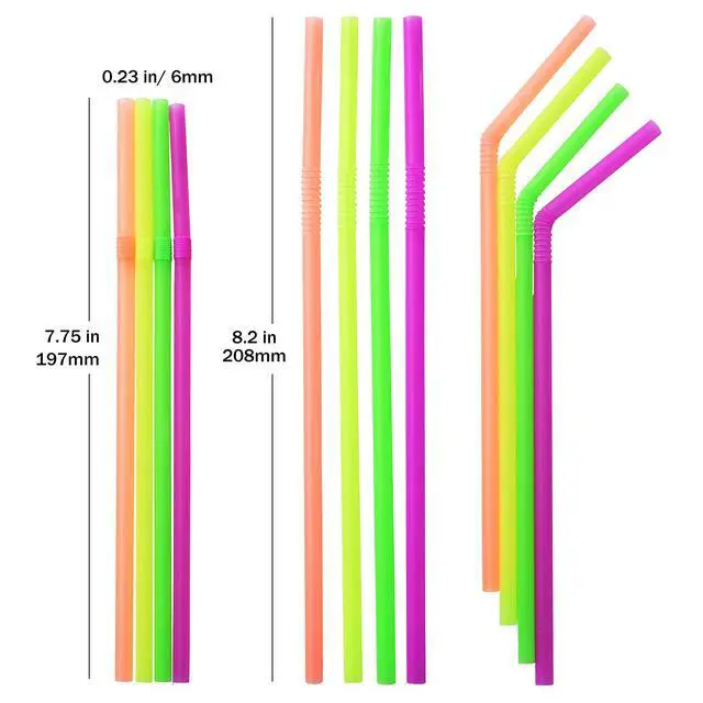 Alt view image 2 of 7 - 200-Pack Neon Colored Plastic Flexible Straws, 0.23" x 7.75" disposable Bendy Drinking Straws