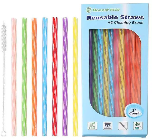Main image of Reusable Stirrer Straws with Cleaner Brush Short Assorted color Plastic Pipes fit for Milk & Juice & Coffee & Smoothies & Cocktail & Kids Straws Kit (24Count-7.5in)