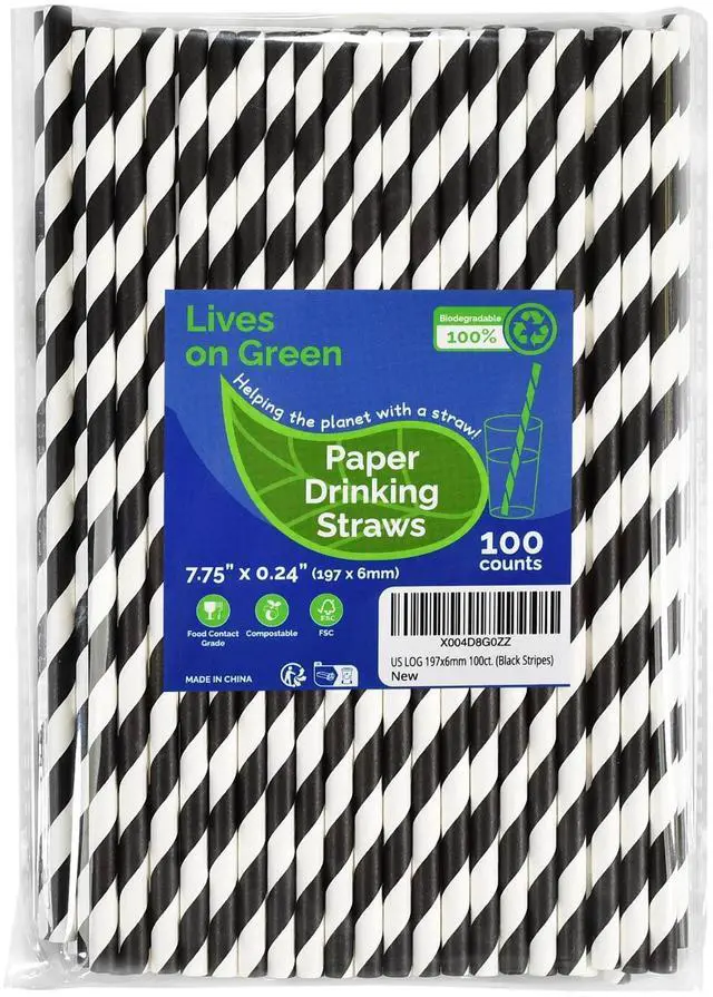 Main image of Black White Striped Biodegradable Paper Drinking Straws Unwrapped 7.75 inch 100 Counts - for Cocktail, Juice, Decoration, Crafts