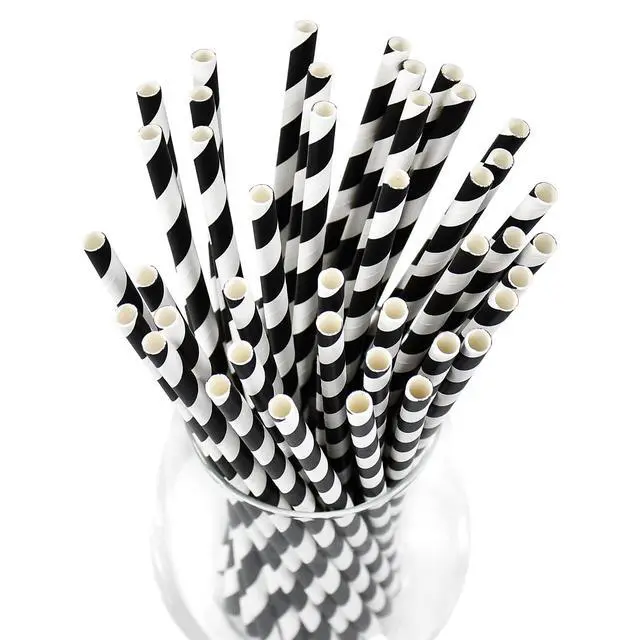 Alt view image 2 of 7 - Black White Striped Biodegradable Paper Drinking Straws Unwrapped 7.75 inch 100 Counts - for Cocktail, Juice, Decoration, Crafts
