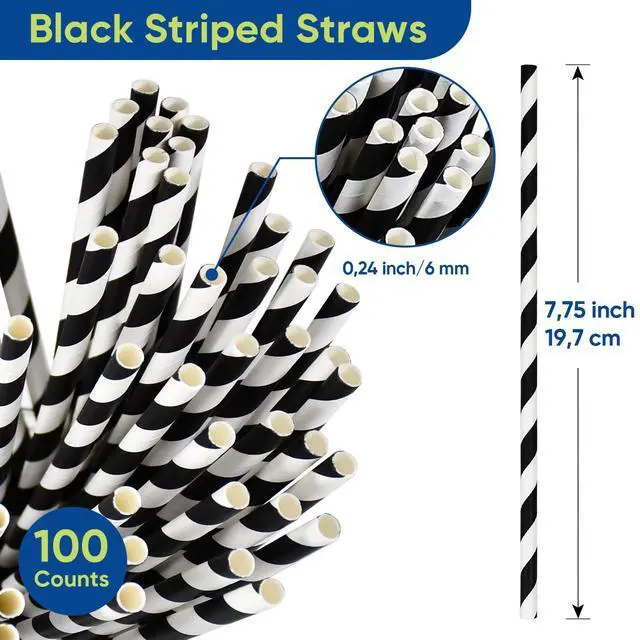 Alt view image 3 of 7 - Black White Striped Biodegradable Paper Drinking Straws Unwrapped 7.75 inch 100 Counts - for Cocktail, Juice, Decoration, Crafts