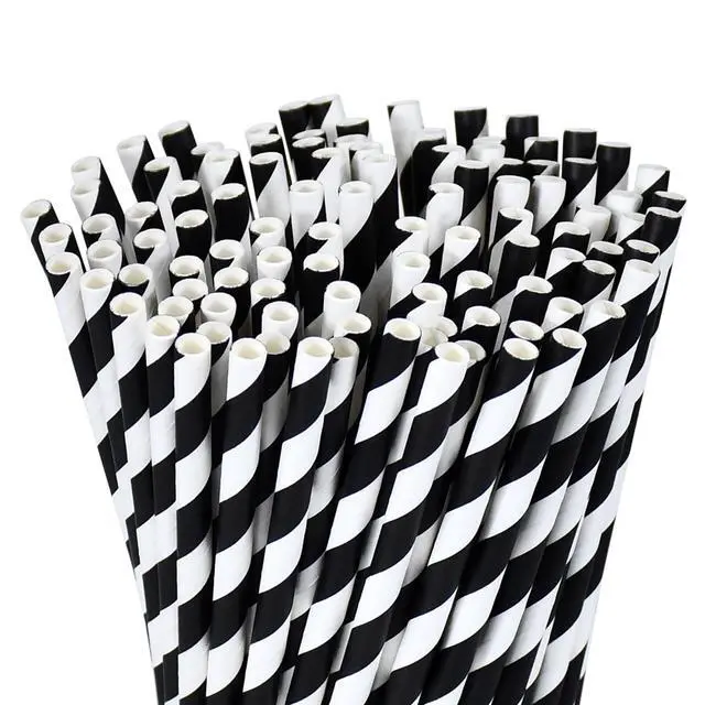 Alt view image 4 of 7 - Black White Striped Biodegradable Paper Drinking Straws Unwrapped 7.75 inch 100 Counts - for Cocktail, Juice, Decoration, Crafts