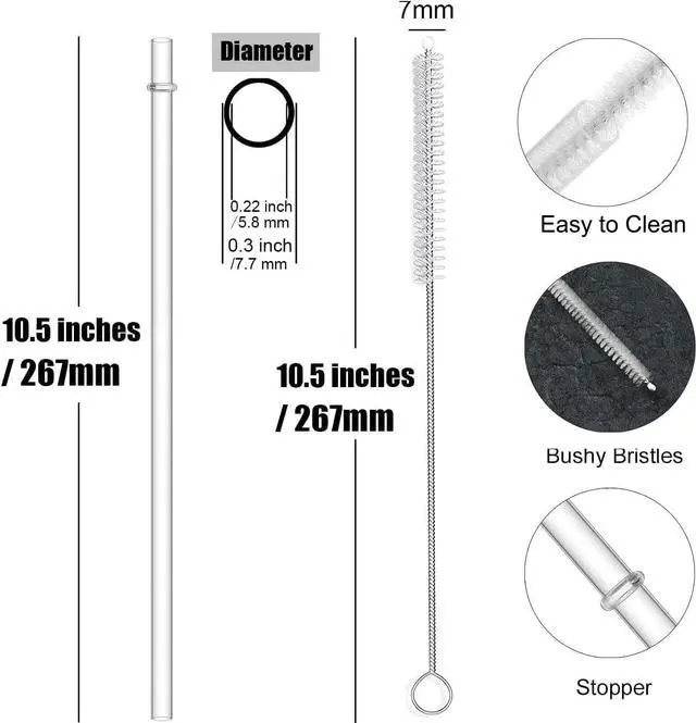 Alt view image 2 of 7 - 12-Pack Reusable Clear Plastic Straws with Brush, 10.5 in with Brush