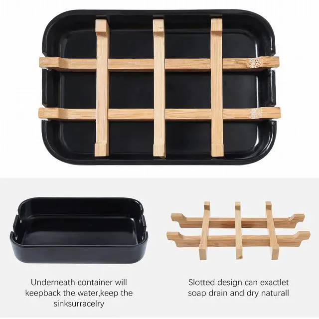 Alt view image 2 of 7 - Soap Dishes for Bar Soap, Black Bathroom Soap Holder, Bamboo Soap Dishes Holder for Bathroom Shower, Bathroom Sink Soap Dish