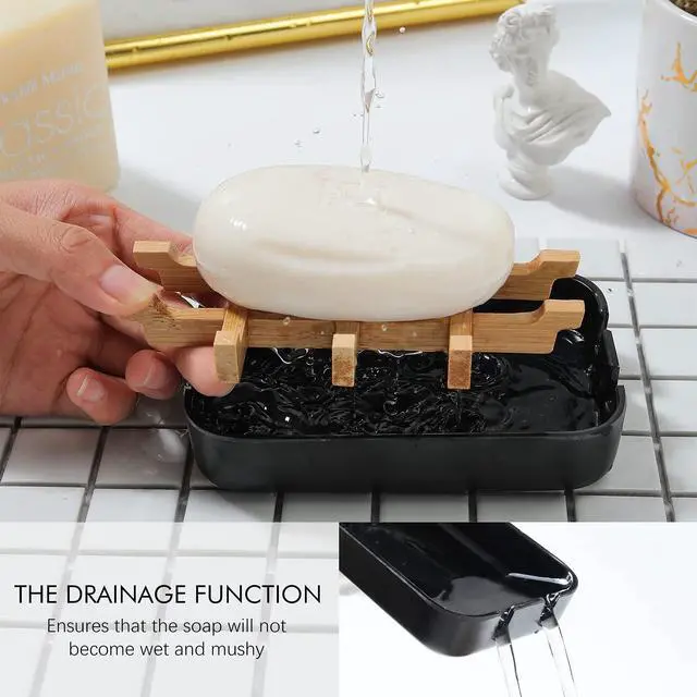 Alt view image 3 of 7 - Soap Dishes for Bar Soap, Black Bathroom Soap Holder, Bamboo Soap Dishes Holder for Bathroom Shower, Bathroom Sink Soap Dish