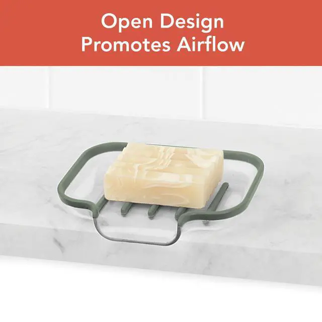 Alt view image 2 of 6 - Cora Bar Soap Dish with Drainage for Kitchen Sink Bathroom Shower Plastic Silicone Soap Holder with Elevated Ridge for Quick Drying Soap Saver with Drain, Thyme Green and Clear