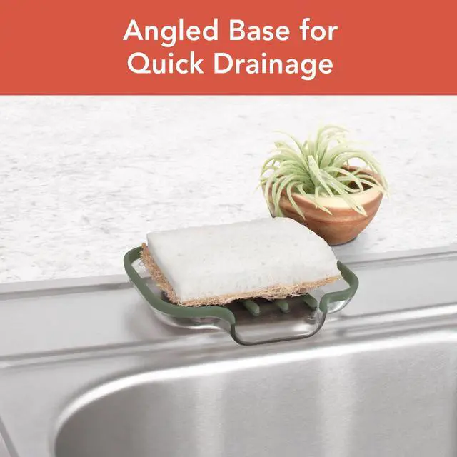 Alt view image 3 of 6 - Cora Bar Soap Dish with Drainage for Kitchen Sink Bathroom Shower Plastic Silicone Soap Holder with Elevated Ridge for Quick Drying Soap Saver with Drain, Thyme Green and Clear