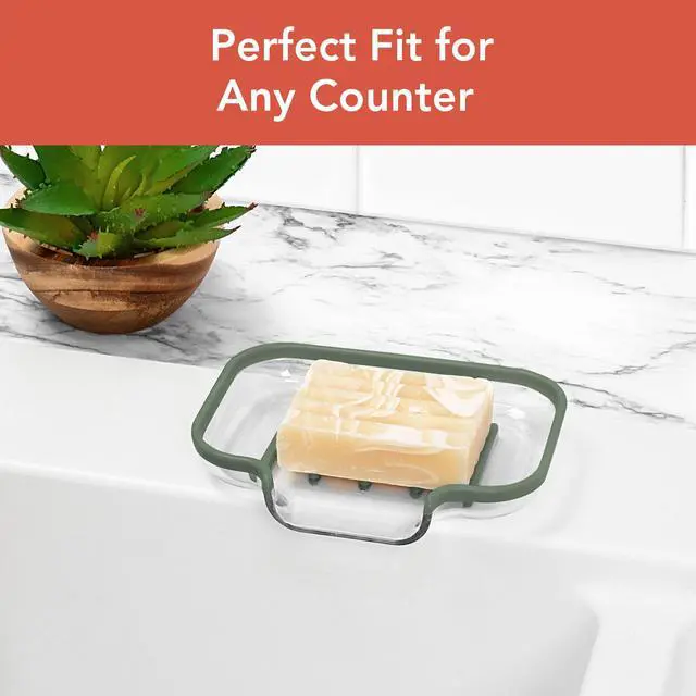 Alt view image 4 of 6 - Cora Bar Soap Dish with Drainage for Kitchen Sink Bathroom Shower Plastic Silicone Soap Holder with Elevated Ridge for Quick Drying Soap Saver with Drain, Thyme Green and Clear