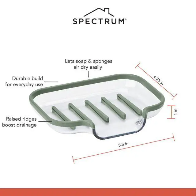 Alt view image 5 of 6 - Cora Bar Soap Dish with Drainage for Kitchen Sink Bathroom Shower Plastic Silicone Soap Holder with Elevated Ridge for Quick Drying Soap Saver with Drain, Thyme Green and Clear