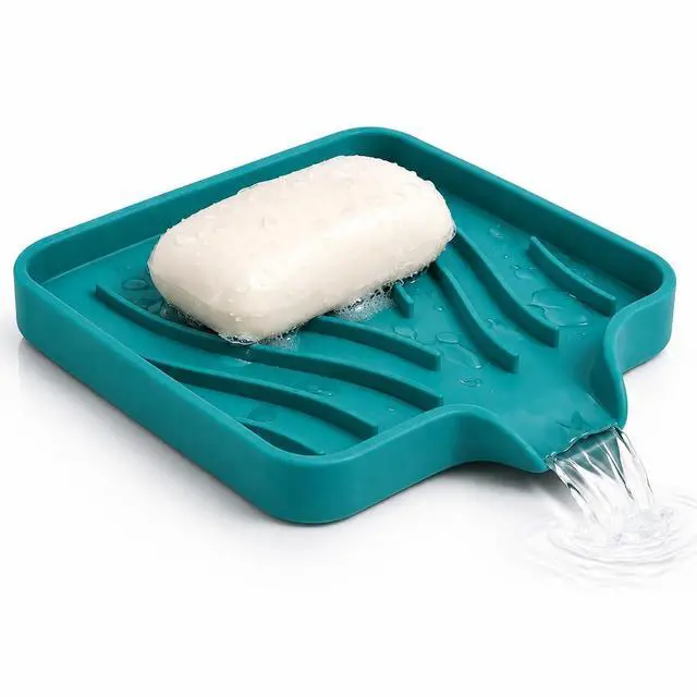 Main image of Self Draining Soap Dish with Drain Spout - Bar Soap Holder for Bathroom & Kitchen Sink - Flexible Non-Slip Silicone Soap Holder for Bar Soap, Sponge & Scrubber - 1 Pack