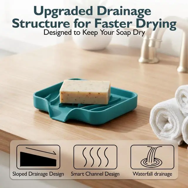 Alt view image 3 of 7 - Self Draining Soap Dish with Drain Spout - Bar Soap Holder for Bathroom & Kitchen Sink - Flexible Non-Slip Silicone Soap Holder for Bar Soap, Sponge & Scrubber - 1 Pack