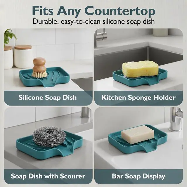 Alt view image 5 of 7 - Self Draining Soap Dish with Drain Spout - Bar Soap Holder for Bathroom & Kitchen Sink - Flexible Non-Slip Silicone Soap Holder for Bar Soap, Sponge & Scrubber - 1 Pack