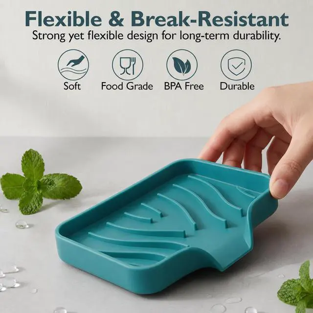 Alt view image 6 of 7 - Self Draining Soap Dish with Drain Spout - Bar Soap Holder for Bathroom & Kitchen Sink - Flexible Non-Slip Silicone Soap Holder for Bar Soap, Sponge & Scrubber - 1 Pack