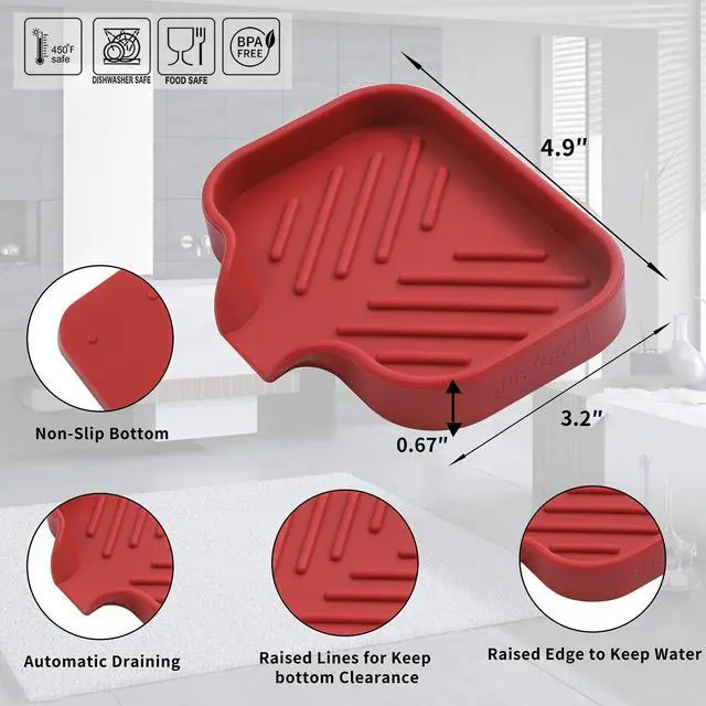 Alt view image 2 of 7 - Silicone Soap Dish with Drain Spout, Self-Draining Sink Organizer Tray for Bathroom and Kitchen, Sponges, Dispensers and Soap Holder, Non-Slip and Dishwasher Safe, Red (Compact, 4.9"×3.2")