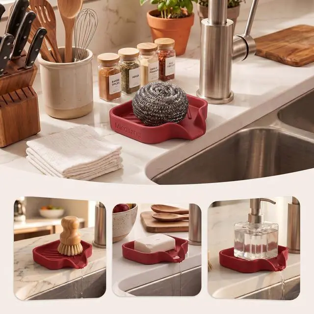 Alt view image 3 of 7 - Silicone Soap Dish with Drain Spout, Self-Draining Sink Organizer Tray for Bathroom and Kitchen, Sponges, Dispensers and Soap Holder, Non-Slip and Dishwasher Safe, Red (Compact, 4.9"×3.2")