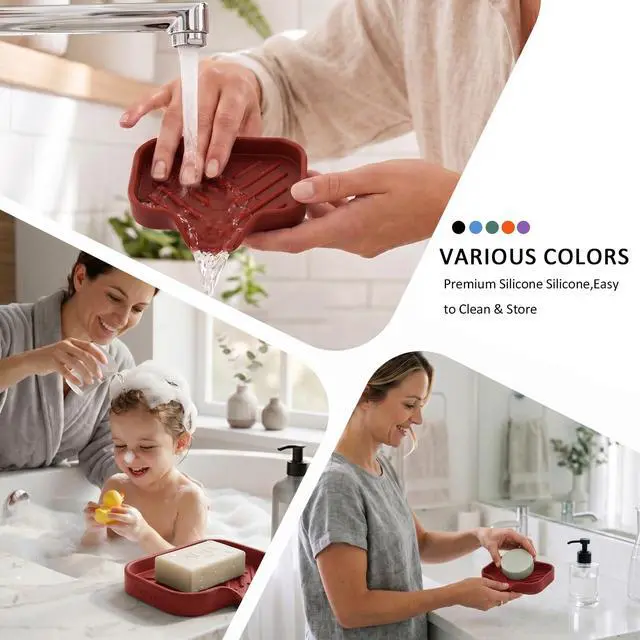 Alt view image 4 of 7 - Silicone Soap Dish with Drain Spout, Self-Draining Sink Organizer Tray for Bathroom and Kitchen, Sponges, Dispensers and Soap Holder, Non-Slip and Dishwasher Safe, Red (Compact, 4.9"×3.2")