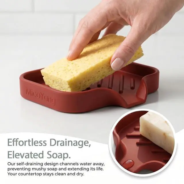 Alt view image 7 of 7 - Silicone Soap Dish with Drain Spout, Self-Draining Sink Organizer Tray for Bathroom and Kitchen, Sponges, Dispensers and Soap Holder, Non-Slip and Dishwasher Safe, Red (Compact, 4.9"×3.2")