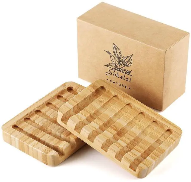 Main image of Shampoo Bar Holder Bamboo Soap Dish for Shower Wood Soap Dishes Wooden Soap Saver Tray Stand Self Draining Travel Soap Container Case for Bathroom Kitchen Bath Tub Razor Sponges, Waterfall Drain 2 PCS