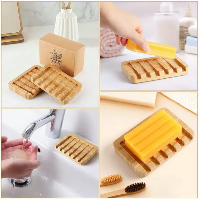 Alt view image 4 of 5 - Shampoo Bar Holder Bamboo Soap Dish for Shower Wood Soap Dishes Wooden Soap Saver Tray Stand Self Draining Travel Soap Container Case for Bathroom Kitchen Bath Tub Razor Sponges, Waterfall Drain 2 PCS