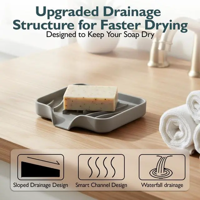 Alt view image 3 of 7 - Self Draining Soap Dish with Drain Spout - Bar Soap Holder for Bathroom & Kitchen Sink - Flexible Non-Slip Silicone Soap Holder for Bar Soap, Sponge & Scrubber - 1 Pack
