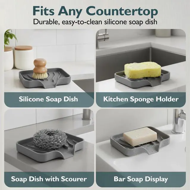 Alt view image 5 of 7 - Self Draining Soap Dish with Drain Spout - Bar Soap Holder for Bathroom & Kitchen Sink - Flexible Non-Slip Silicone Soap Holder for Bar Soap, Sponge & Scrubber - 1 Pack