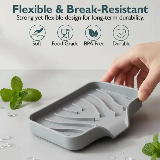 Alt view image 6 of 7 - Self Draining Soap Dish with Drain Spout - Bar Soap Holder for Bathroom & Kitchen Sink - Flexible Non-Slip Silicone Soap Holder for Bar Soap, Sponge & Scrubber - 1 Pack