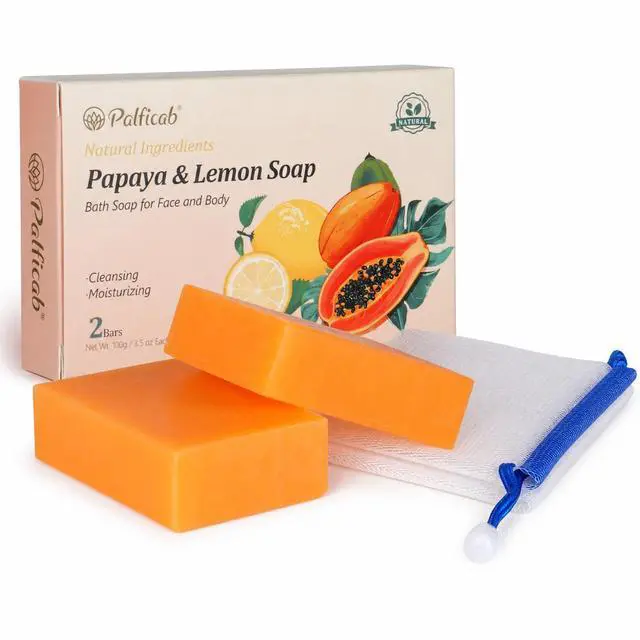 Main image of Papaya Lemon Exfoliating Soap for Face & Body, 2 Bars with Foaming Net