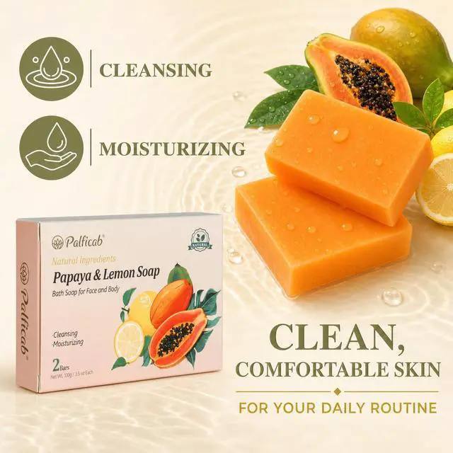 Alt view image 3 of 7 - Papaya Lemon Exfoliating Soap for Face & Body, 2 Bars with Foaming Net