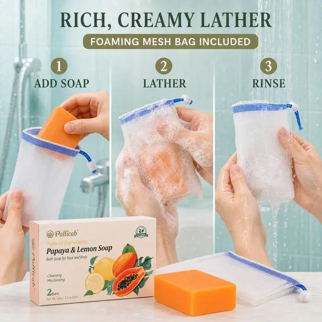 Alt view image 6 of 7 - Papaya Lemon Exfoliating Soap for Face & Body, 2 Bars with Foaming Net