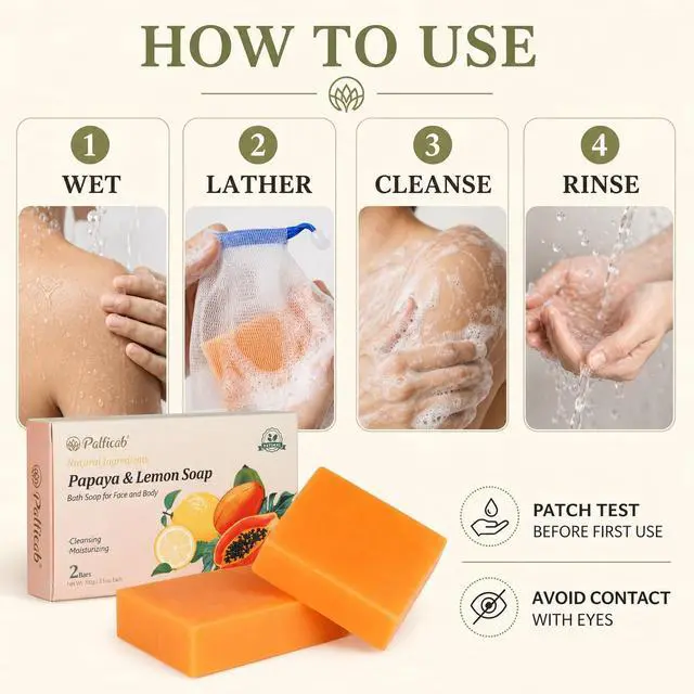 Alt view image 7 of 7 - Papaya Lemon Exfoliating Soap for Face & Body, 2 Bars with Foaming Net