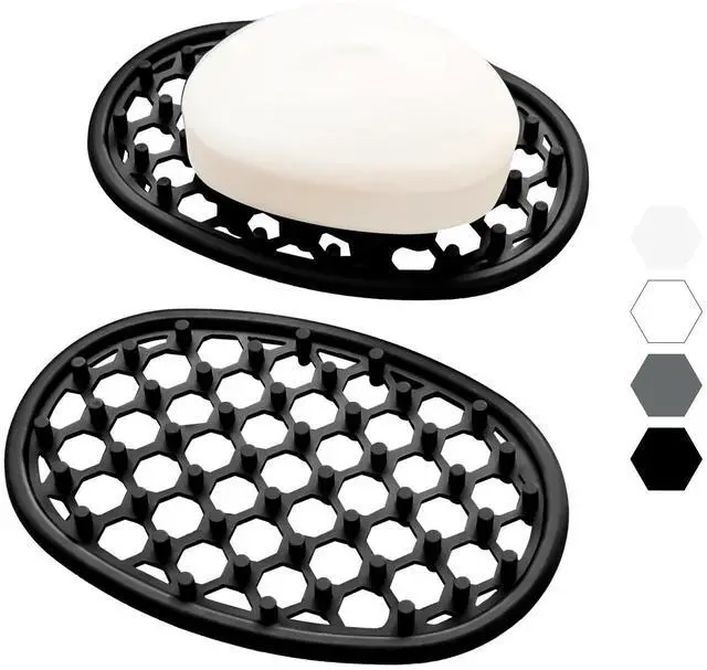 Main image of 2 Pack Soap Dish for Shower, Non-Slip Silicone Bar Soap Holder with Efficient Drainage Holes for Bathroom Sink, Self Draining Soaps Saver Pad for Shower Niche, Shelf (Black- 2Pcs)
