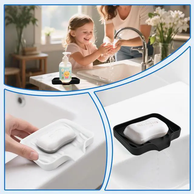 Alt view image 5 of 7 - 3 Pack Silicone Soap Dish with Drain - Bar Soap Holder for Shower, Bathroom and Kitchen Sink Organize (2Pack Black + 1Pack White)