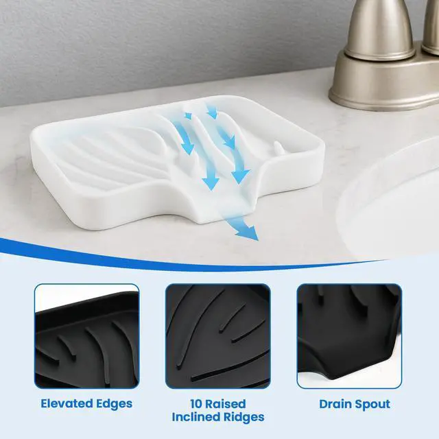 Alt view image 7 of 7 - 3 Pack Silicone Soap Dish with Drain - Bar Soap Holder for Shower, Bathroom and Kitchen Sink Organize (2Pack Black + 1Pack White)