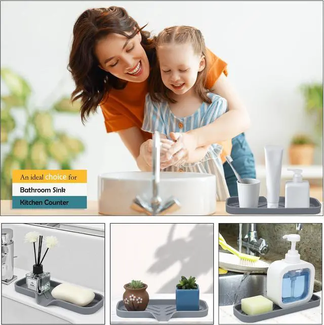 Alt view image 3 of 7 - Silicone Bathroom Soap Dishes, Sponge Holder for Kitchen Sink, Shower Soap Holder with Drain, Soap Dispenser Tray, Soap Dish for Bottle, Cup, Sink or Counter Organizer - Gray 9" x 3.15"