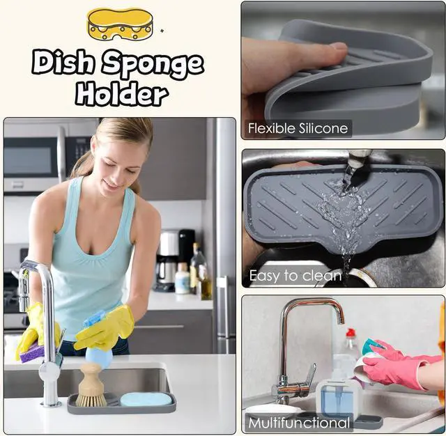 Alt view image 4 of 7 - Silicone Bathroom Soap Dishes, Sponge Holder for Kitchen Sink, Shower Soap Holder with Drain, Soap Dispenser Tray, Soap Dish for Bottle, Cup, Sink or Counter Organizer - Gray 9" x 3.15"